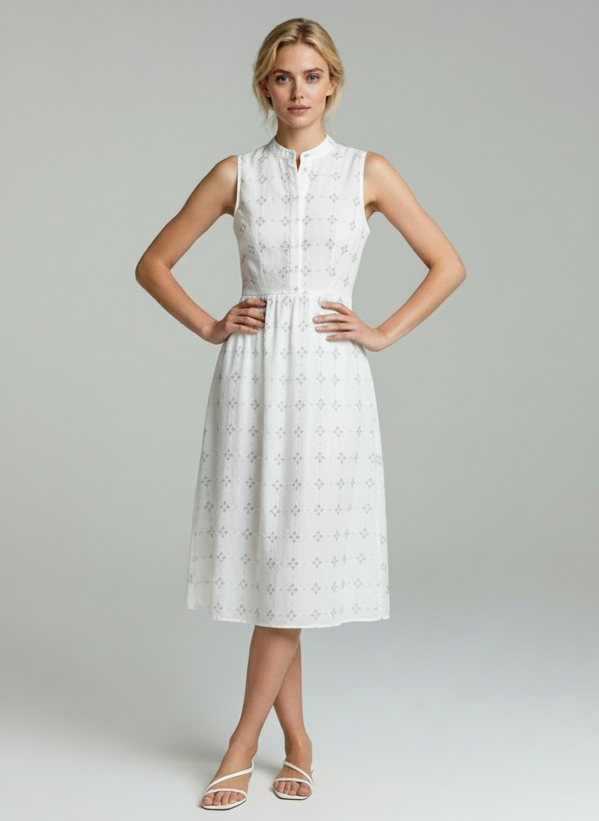 Elegant White Sleeveless Midi Dress for Women | Soft Cotton Summer Casual Dress