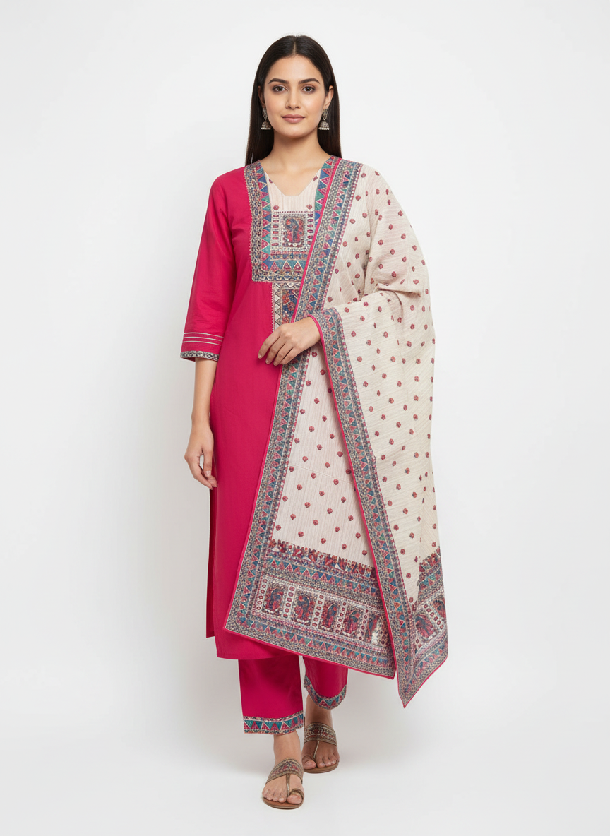 Elegant Pink Embroidered Kurta Set with Printed Dupatta for Women