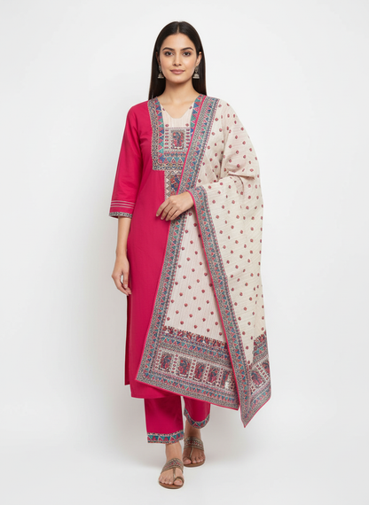 Elegant Pink Embroidered Kurta Set with Printed Dupatta for Women