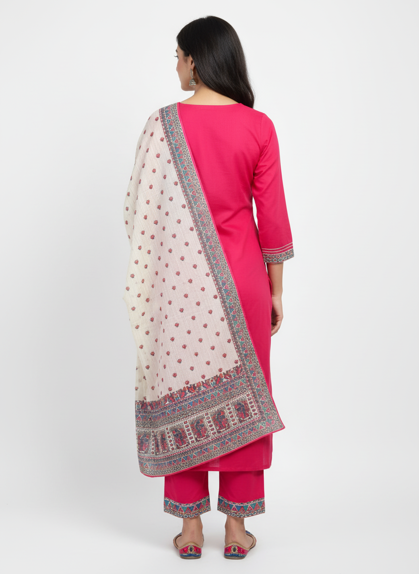 Elegant Pink Embroidered Kurta Set with Printed Dupatta for Women