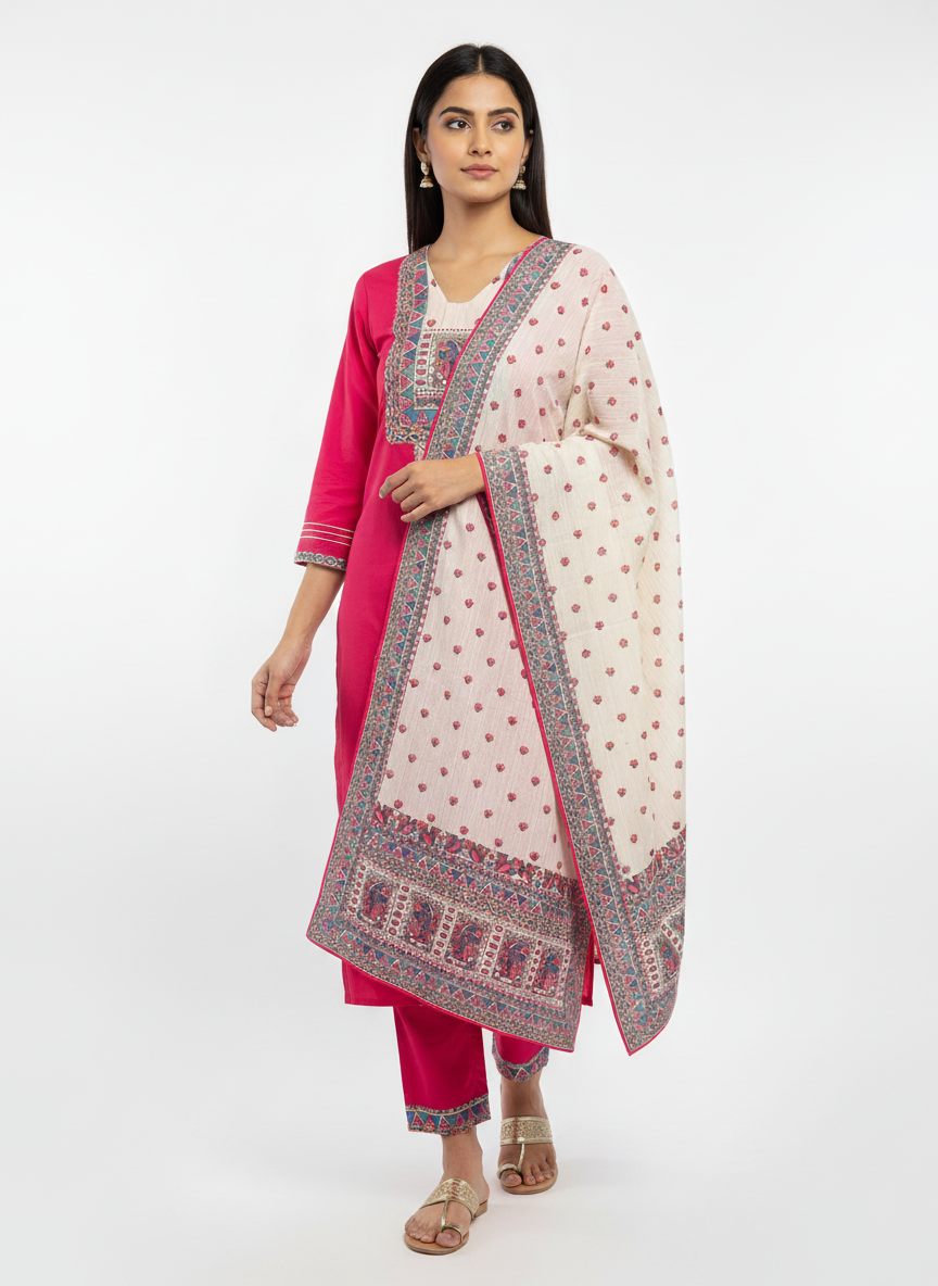 Elegant Pink Embroidered Kurta Set with Printed Dupatta for Women