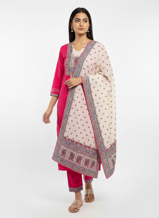 Elegant Pink Embroidered Kurta Set with Printed Dupatta for Women