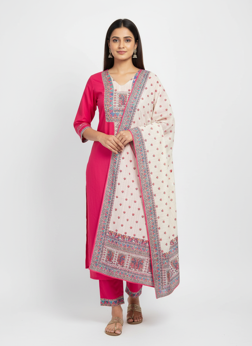 Elegant Pink Embroidered Kurta Set with Printed Dupatta for Women