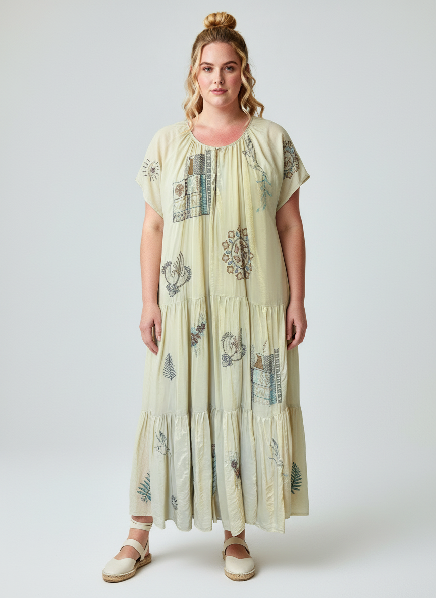 Women Beige Printed Tiered Maxi Dress with Short Sleeves & Relaxed Fit