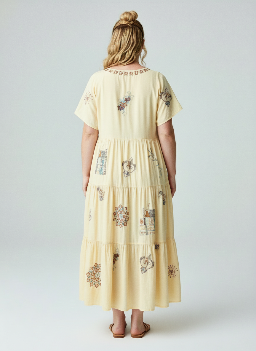 Women Beige Printed Tiered Maxi Dress with Short Sleeves & Relaxed Fit