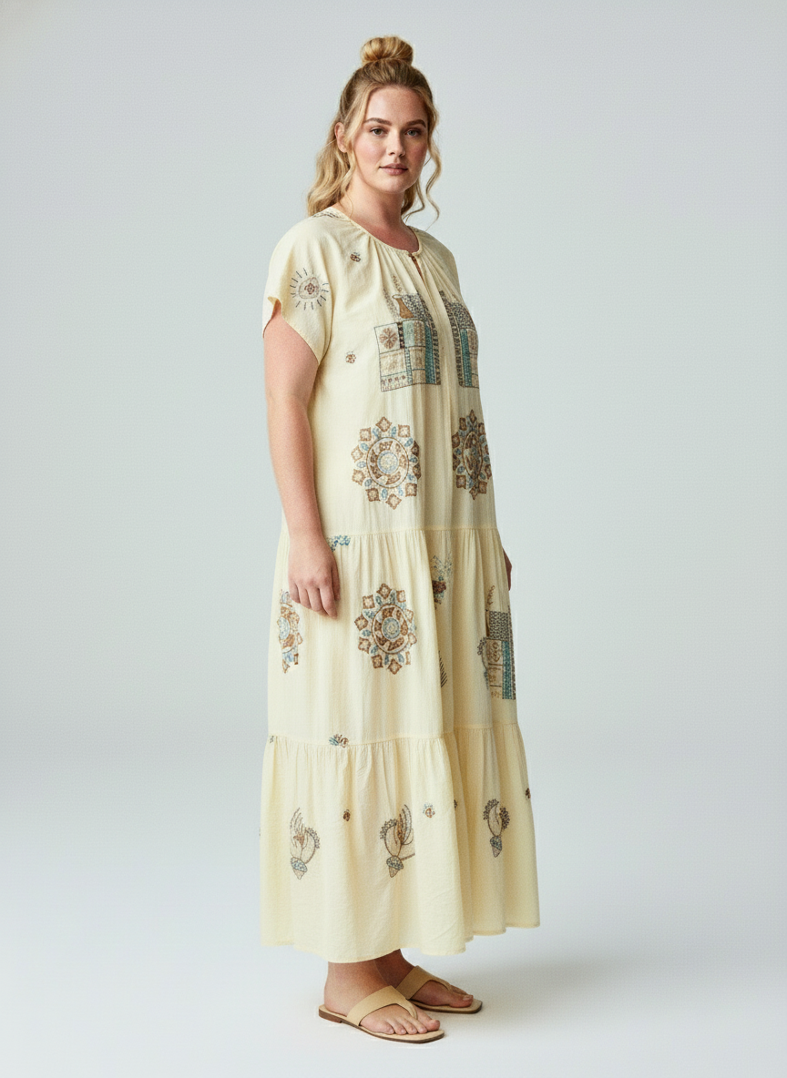 Women Beige Printed Tiered Maxi Dress with Short Sleeves & Relaxed Fit