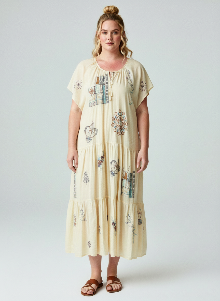 Women Beige Printed Tiered Maxi Dress with Short Sleeves & Relaxed Fit