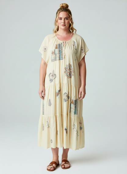 Women Beige Printed Tiered Maxi Dress with Short Sleeves & Relaxed Fit