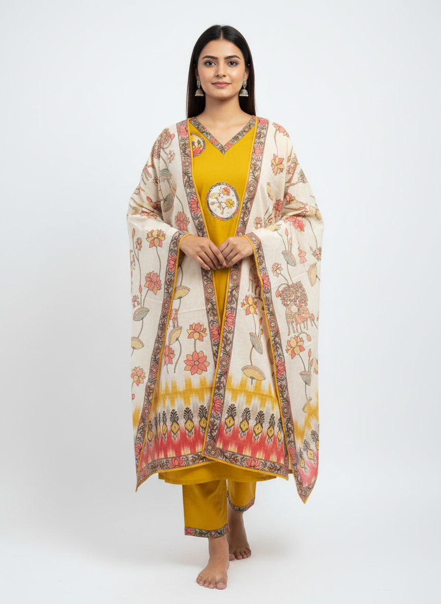 Mustard Yellow Printed Kurta Set with Floral Dupatta – Elegant Ethnic Wear for Women