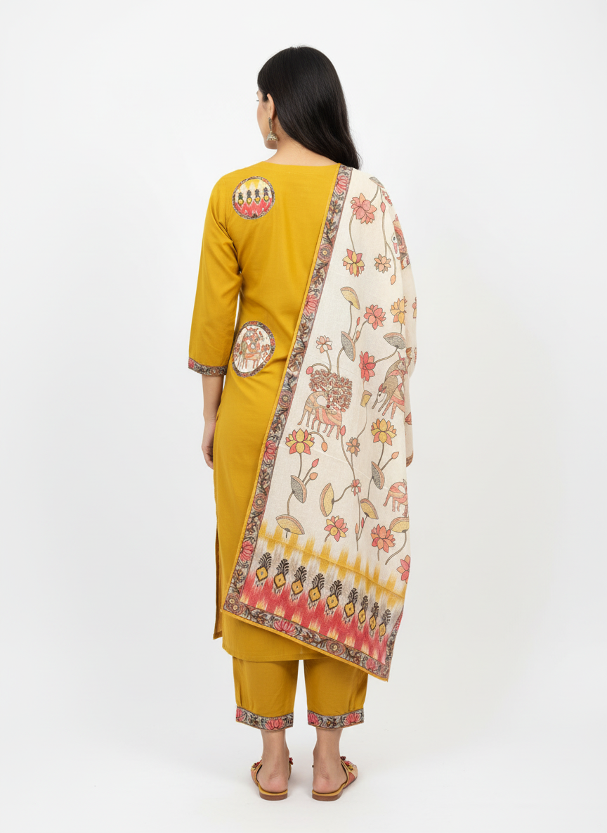 Mustard Yellow Printed Kurta Set with Floral Dupatta – Elegant Ethnic Wear for Women
