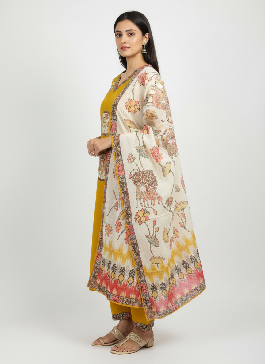 Mustard Yellow Printed Kurta Set with Floral Dupatta – Elegant Ethnic Wear for Women