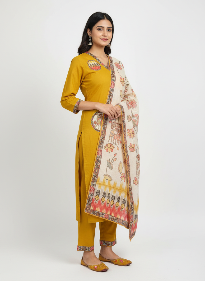 Mustard Yellow Printed Kurta Set with Floral Dupatta – Elegant Ethnic Wear for Women