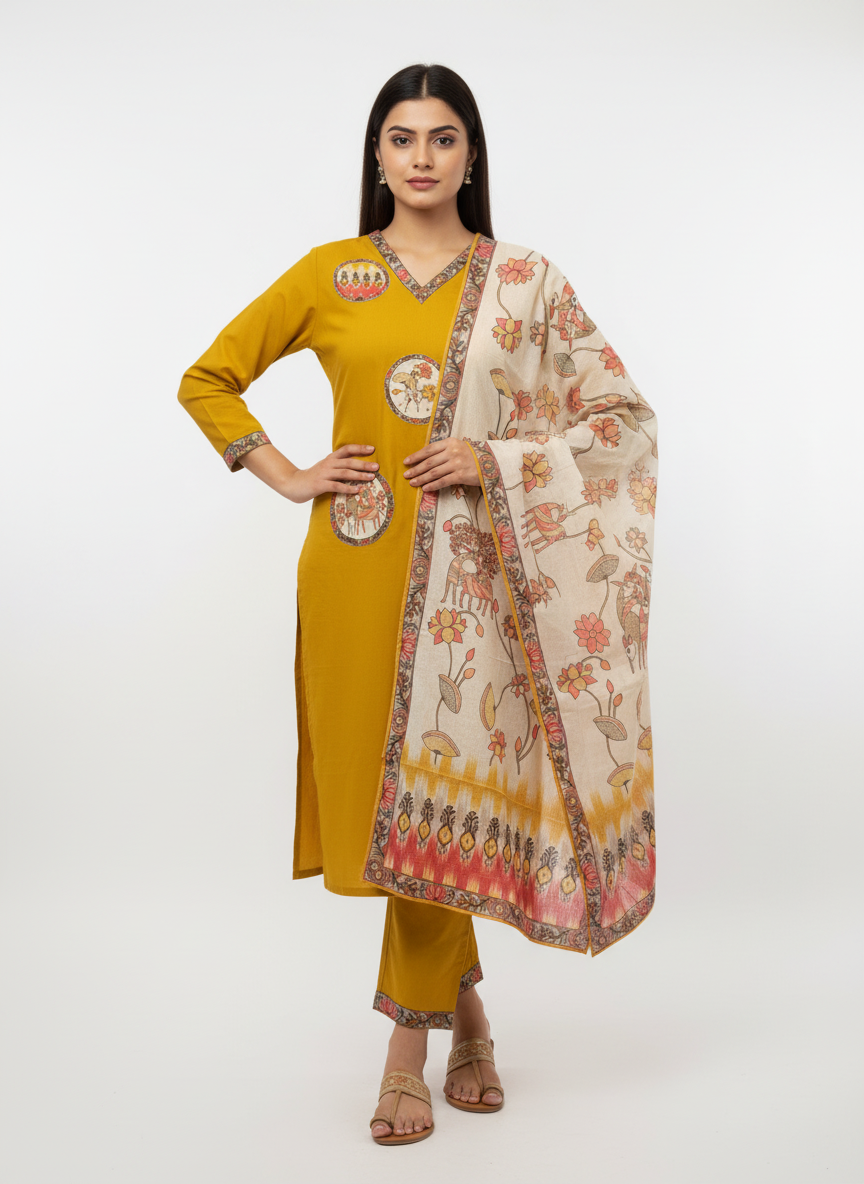 Mustard Yellow Printed Kurta Set with Floral Dupatta – Elegant Ethnic Wear for Women