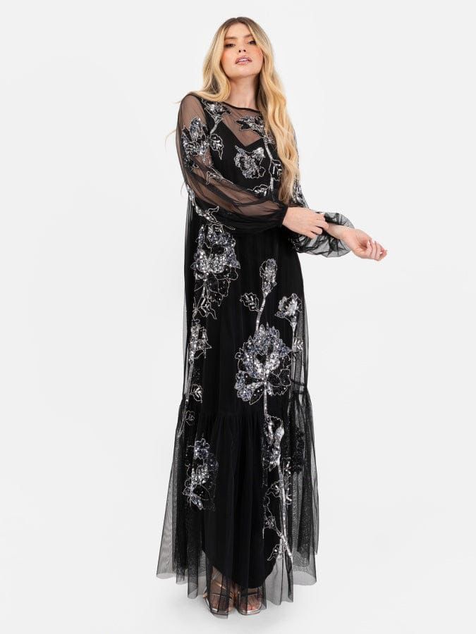 Women Party Wear Black Sequin Work Sheer Net Maxi Dress