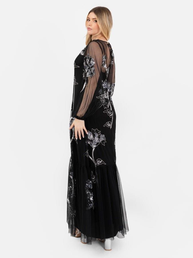 Women Party Wear Black Sequin Work Sheer Net Maxi Dress