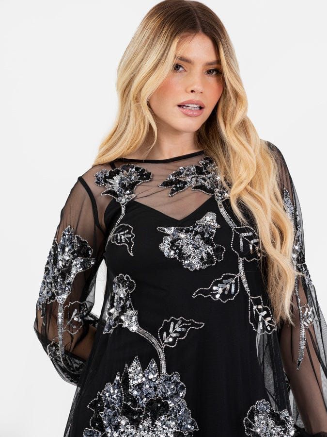 Women Party Wear Black Sequin Work Sheer Net Maxi Dress