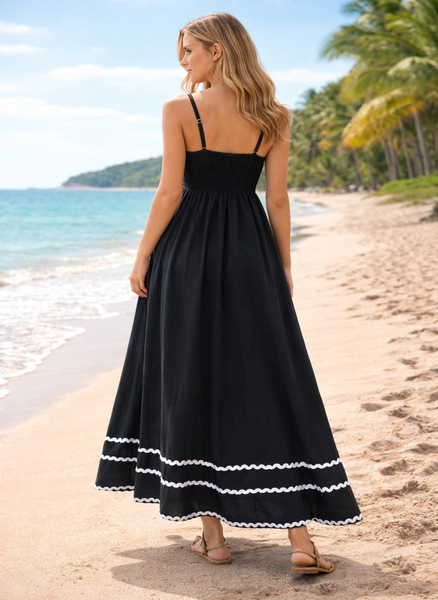 Elegant Black A-Line Maxi Dress with White Scallop Trim – Sleeveless Summer Midi Dress for Women