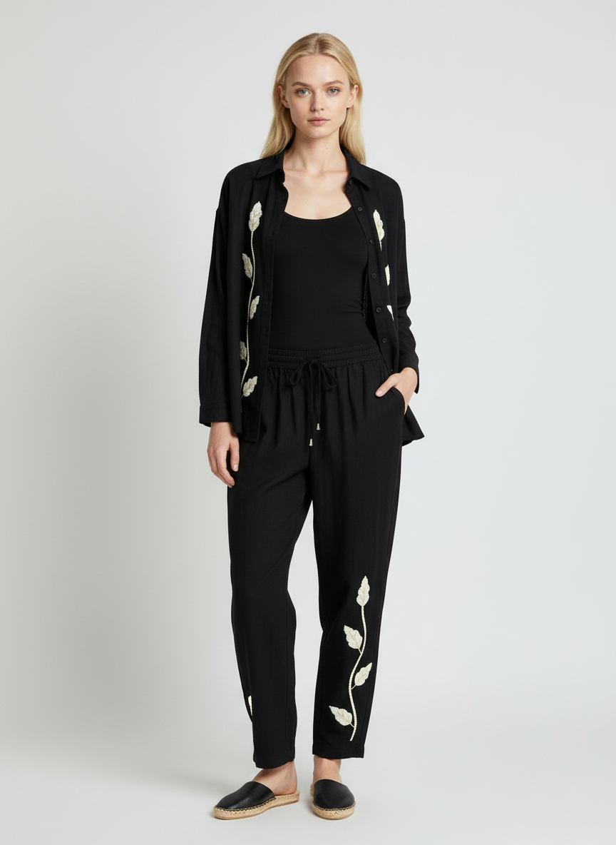 Elegant Black Co-Ord Set for Women with Floral Embroidery – Casual Chic Shirt & Pants Set