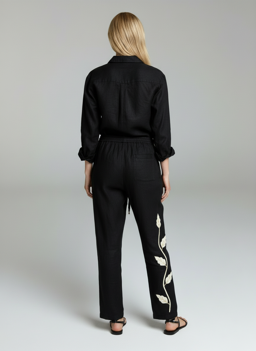 Elegant Black Co-Ord Set for Women with Floral Embroidery – Casual Chic Shirt & Pants Set