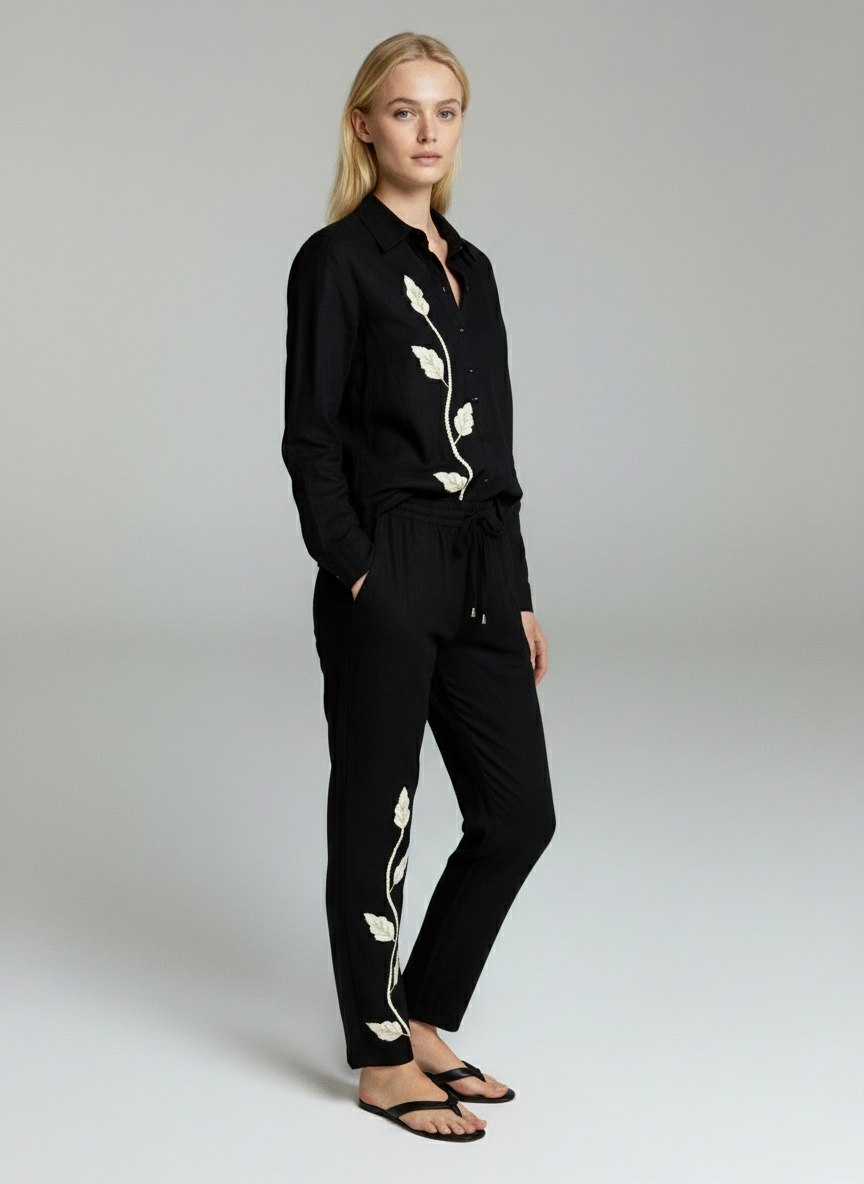 Elegant Black Co-Ord Set for Women with Floral Embroidery – Casual Chic Shirt & Pants Set