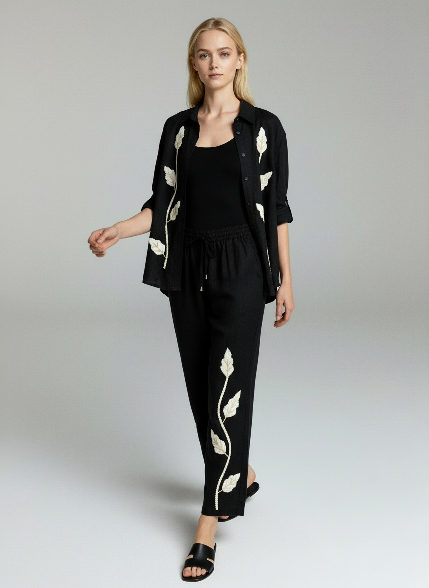 Elegant Black Co-Ord Set for Women with Floral Embroidery – Casual Chic Shirt & Pants Set