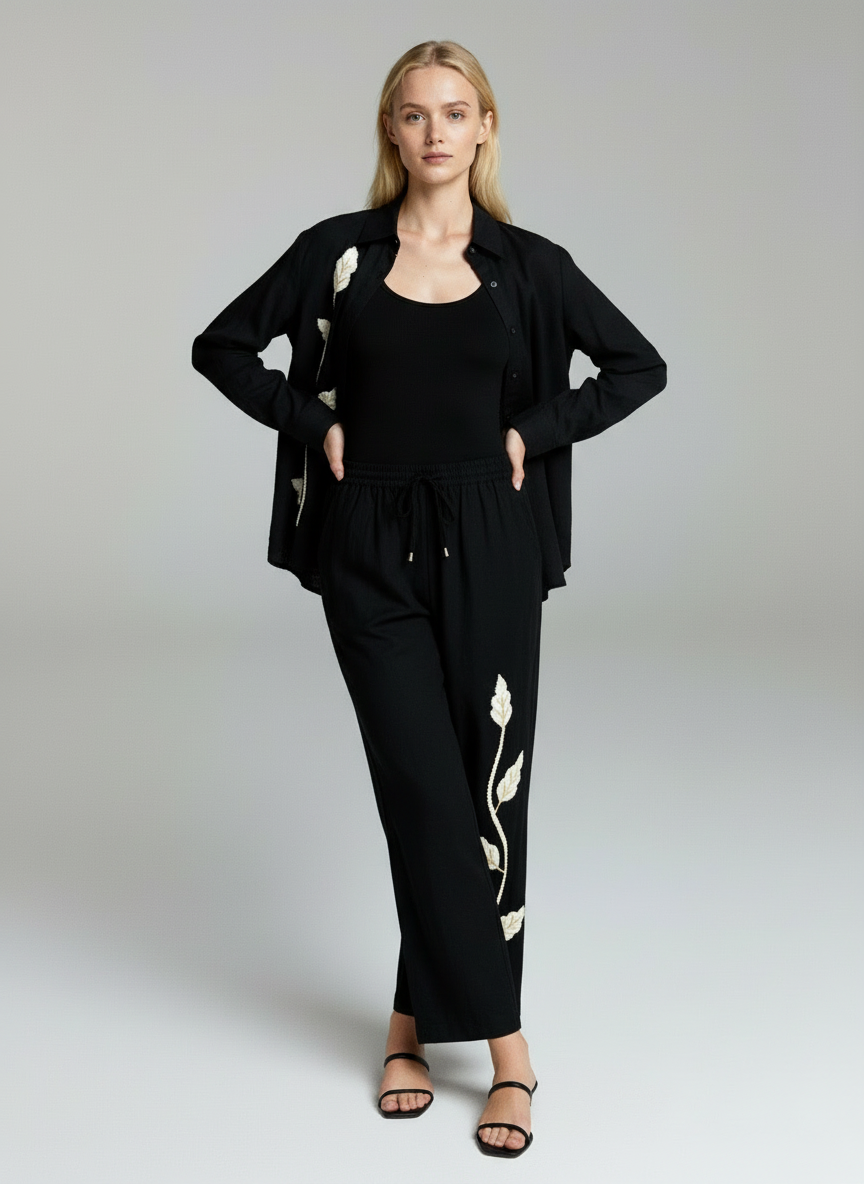 Elegant Black Co-Ord Set for Women with Floral Embroidery – Casual Chic Shirt & Pants Set
