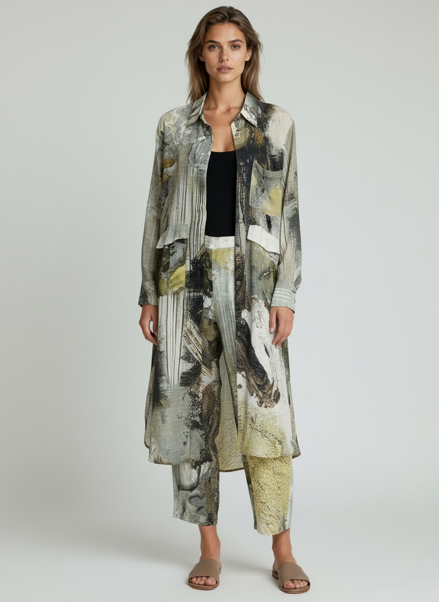 Laqayara Women Abstract Print Co-Ord Set with Long Shirt & Straight Pants