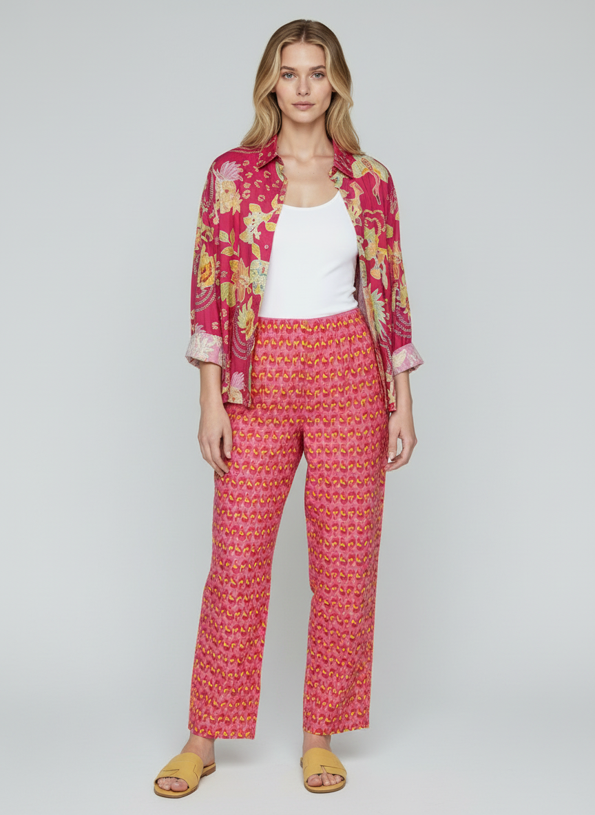 Women Pink Floral Printed Co-Ord Set with Shirt & Straight Pants – Stylish Casual Wear
