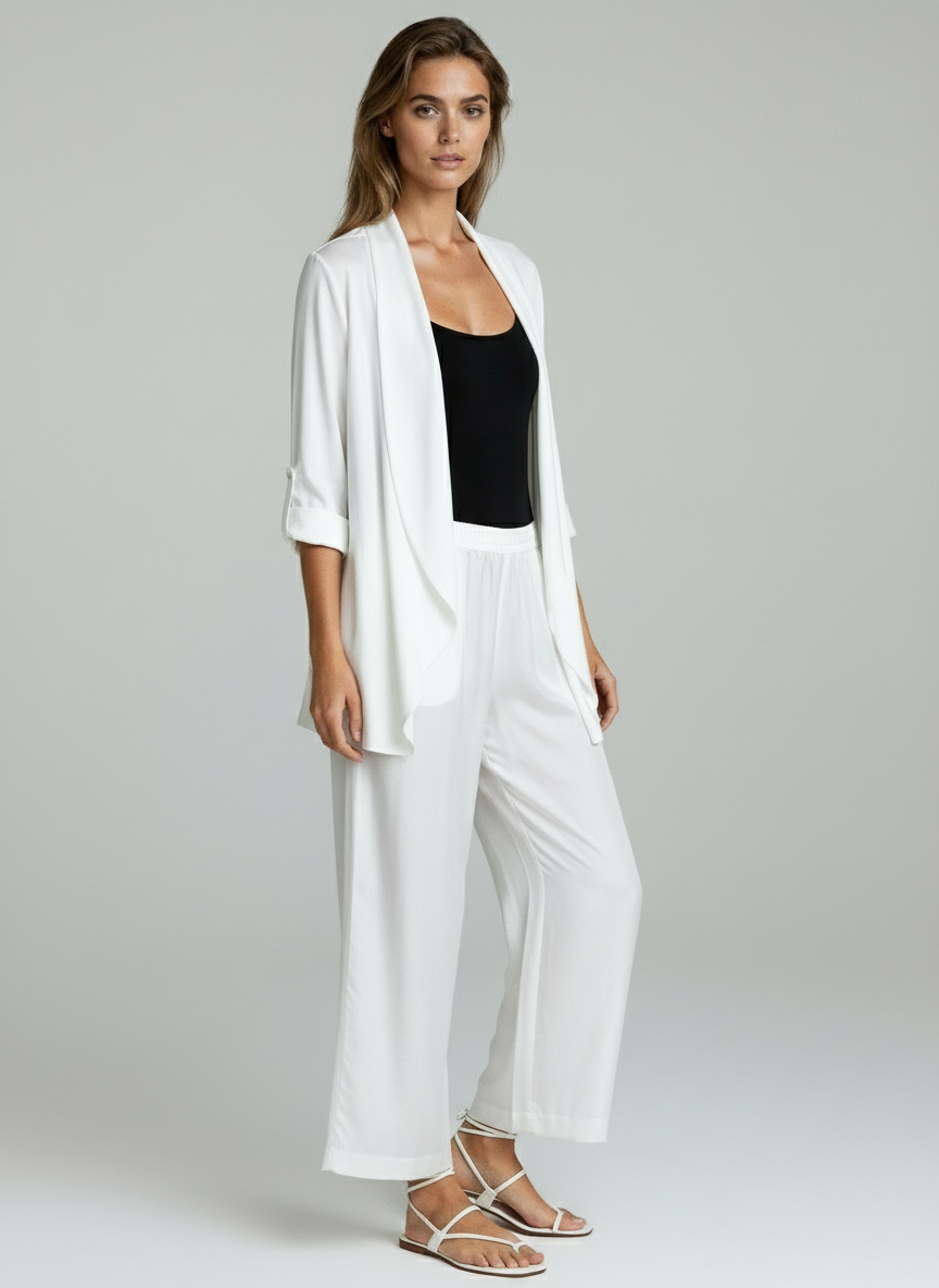 Elegant White Two-Piece Set with Sheer Shrug & Relaxed Fit Pants for Women