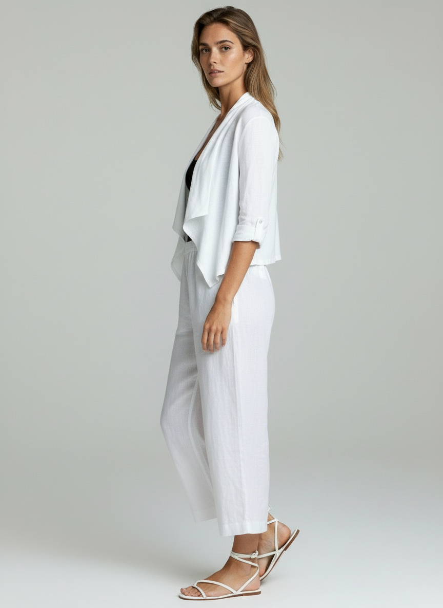 Elegant White Two-Piece Set with Sheer Shrug & Relaxed Fit Pants for Women