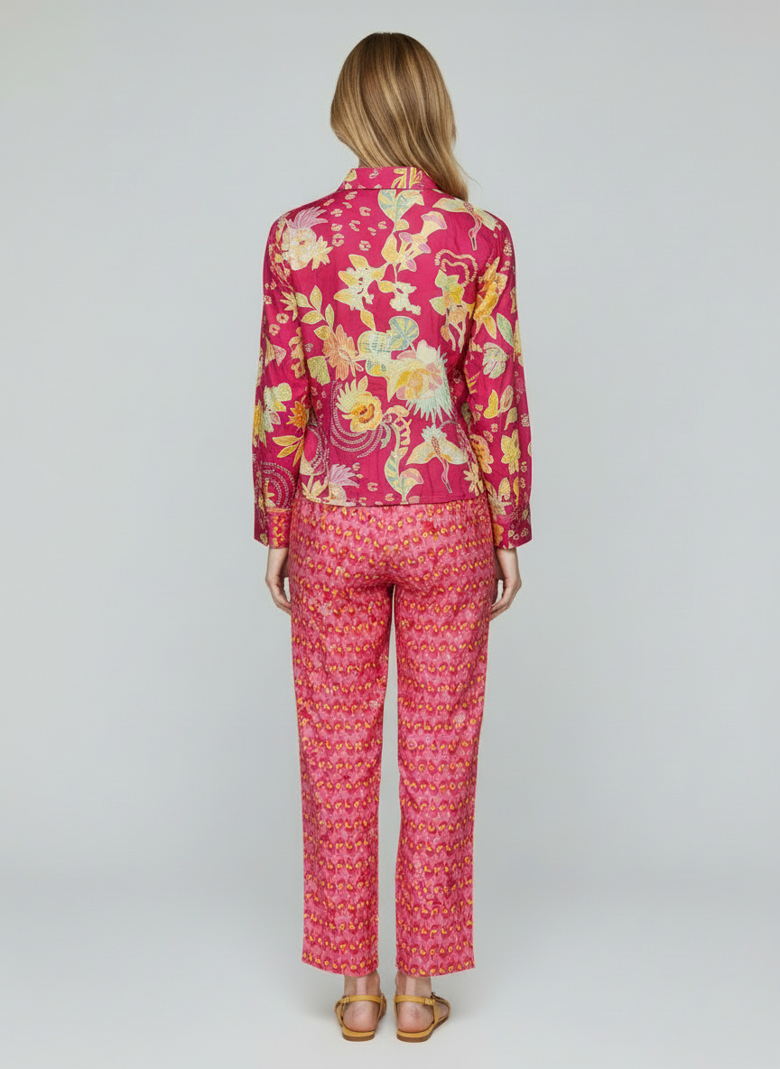 Women Pink Floral Printed Co-Ord Set with Shirt & Straight Pants – Stylish Casual Wear
