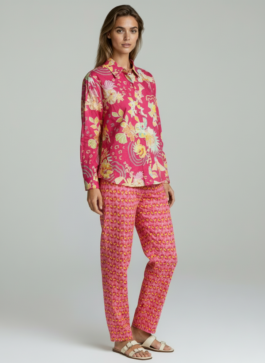 Women Pink Floral Printed Co-Ord Set with Shirt & Straight Pants – Stylish Casual Wear