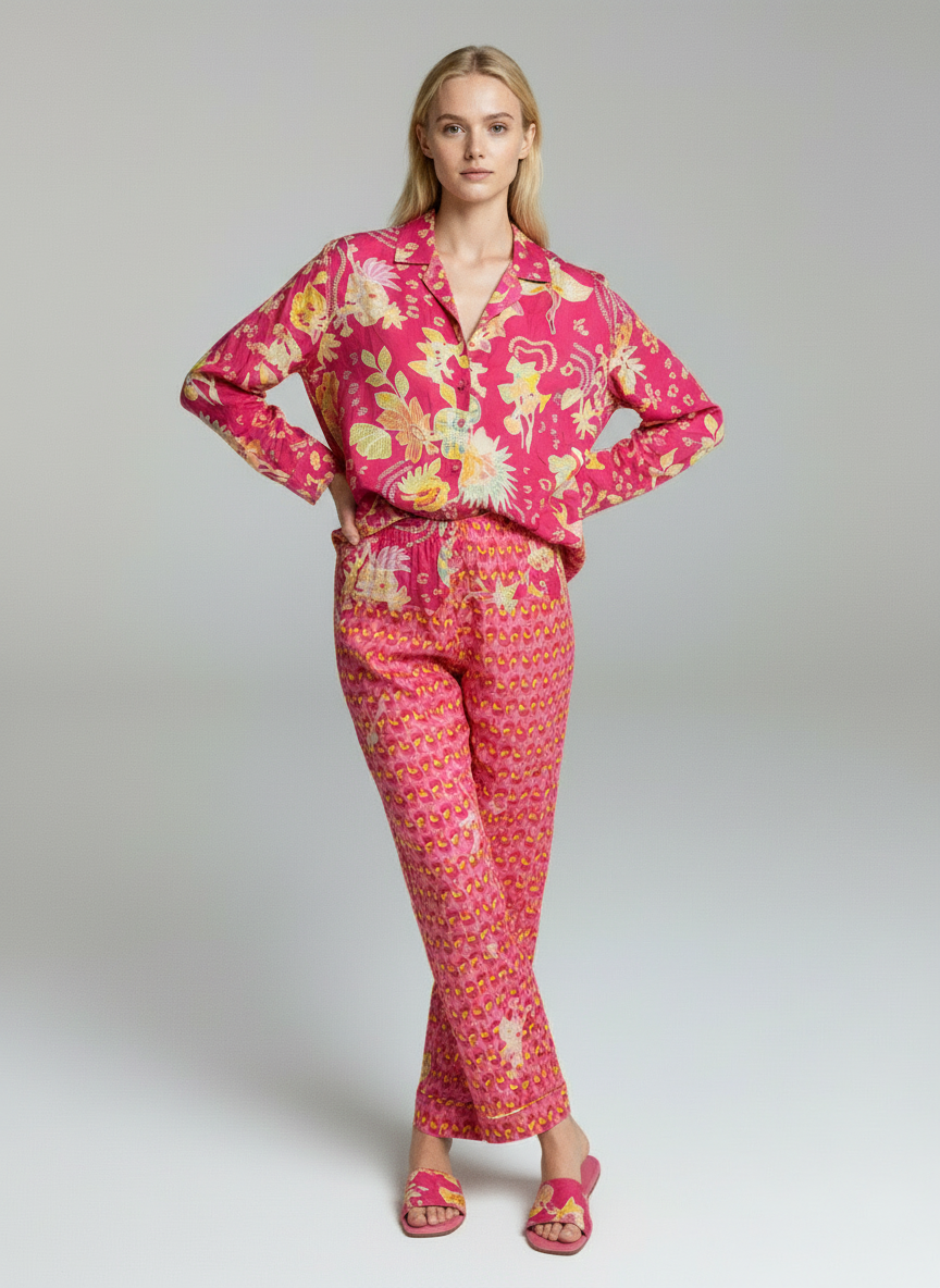 Women Pink Floral Printed Co-Ord Set with Shirt & Straight Pants – Stylish Casual Wear