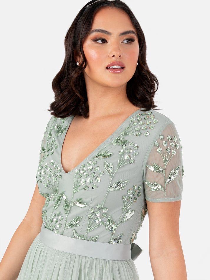 Elegant Sage Green Embroidered Net Gown for Women | Party Wear V-Neck Dress