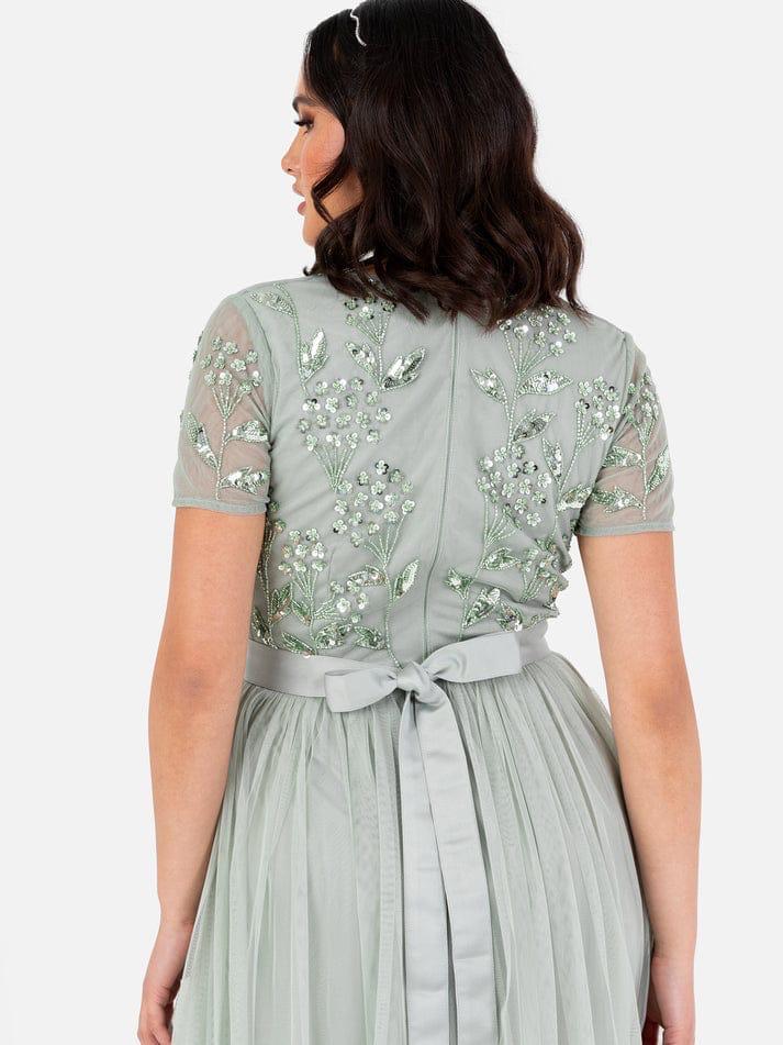 Elegant Sage Green Embroidered Net Gown for Women | Party Wear V-Neck Dress