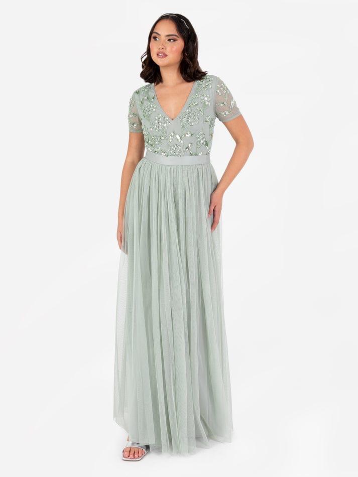Elegant Sage Green Embroidered Net Gown for Women | Party Wear V-Neck Dress
