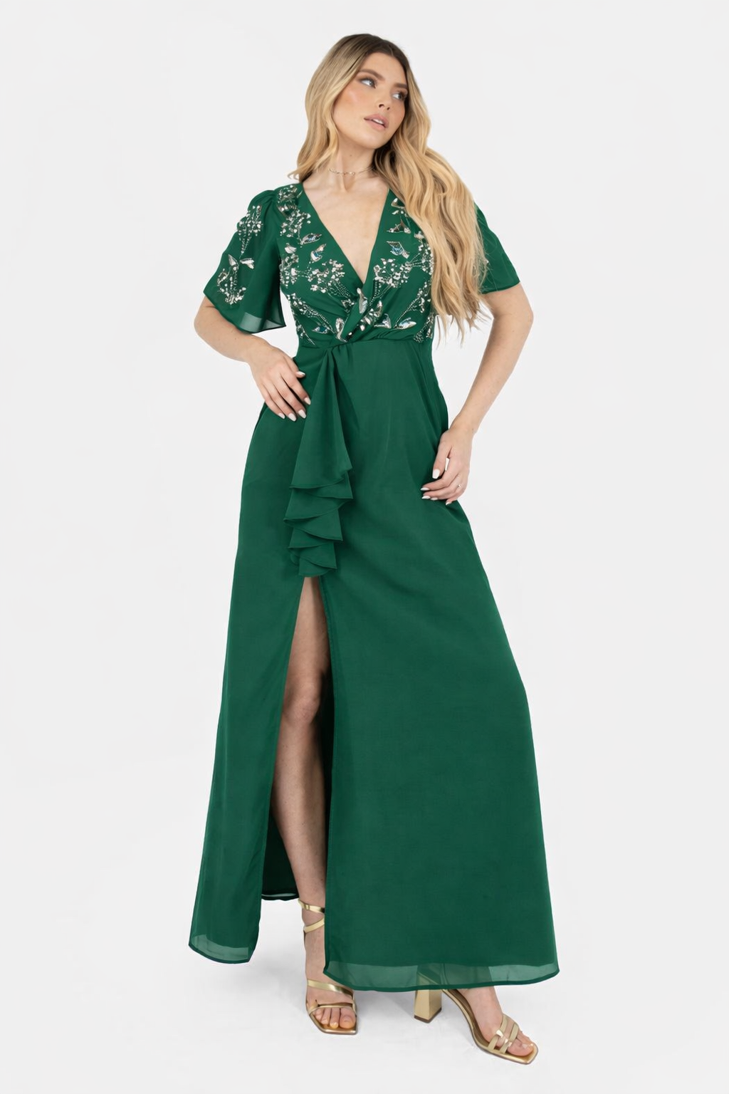 Emerald Green Floral Embroidered Maxi Dress with Front Slit & Ruffle Detail
