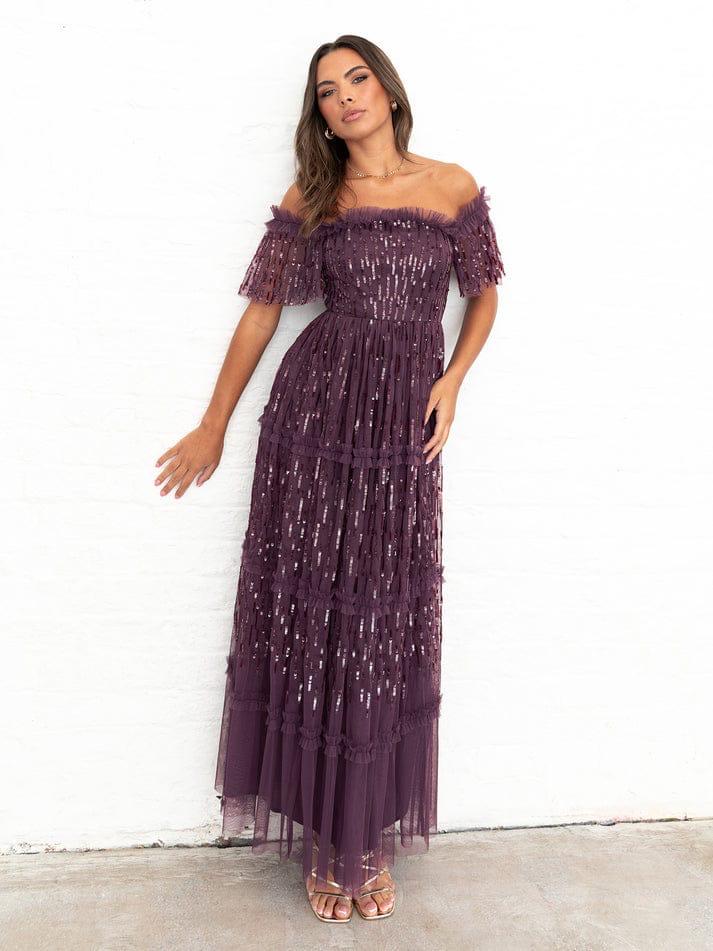 Elegant Off-Shoulder Sequin Net Maxi Dress for Women – Party Wear Purple Evening Gown