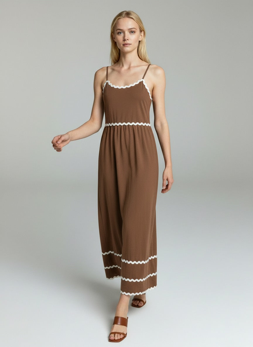 Elegant Brown Spaghetti Strap Maxi Dress with Contrast Wave Trim