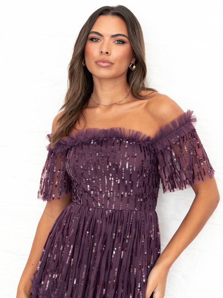 Elegant Off-Shoulder Sequin Net Maxi Dress for Women – Party Wear Purple Evening Gown