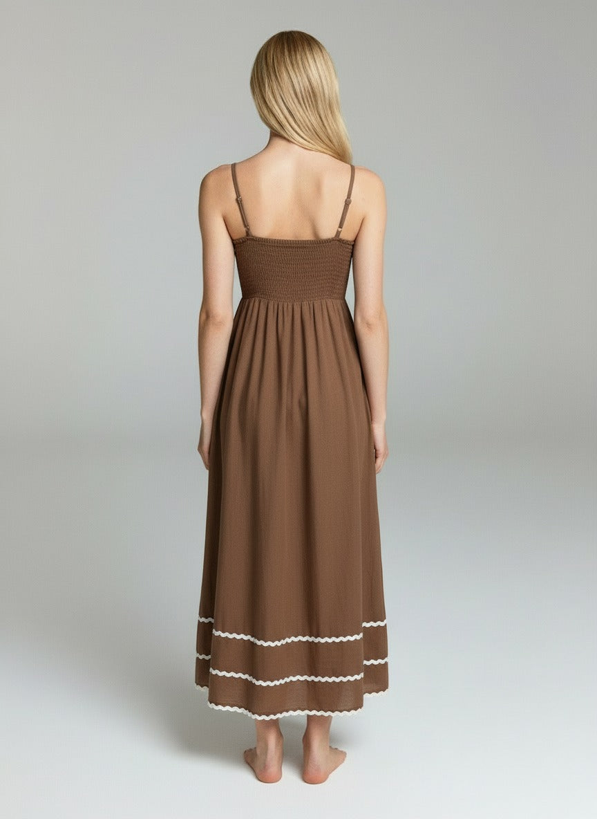 Elegant Brown Spaghetti Strap Maxi Dress with Contrast Wave Trim