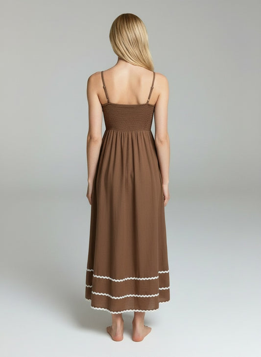 Elegant Brown Spaghetti Strap Maxi Dress with Contrast Wave Trim