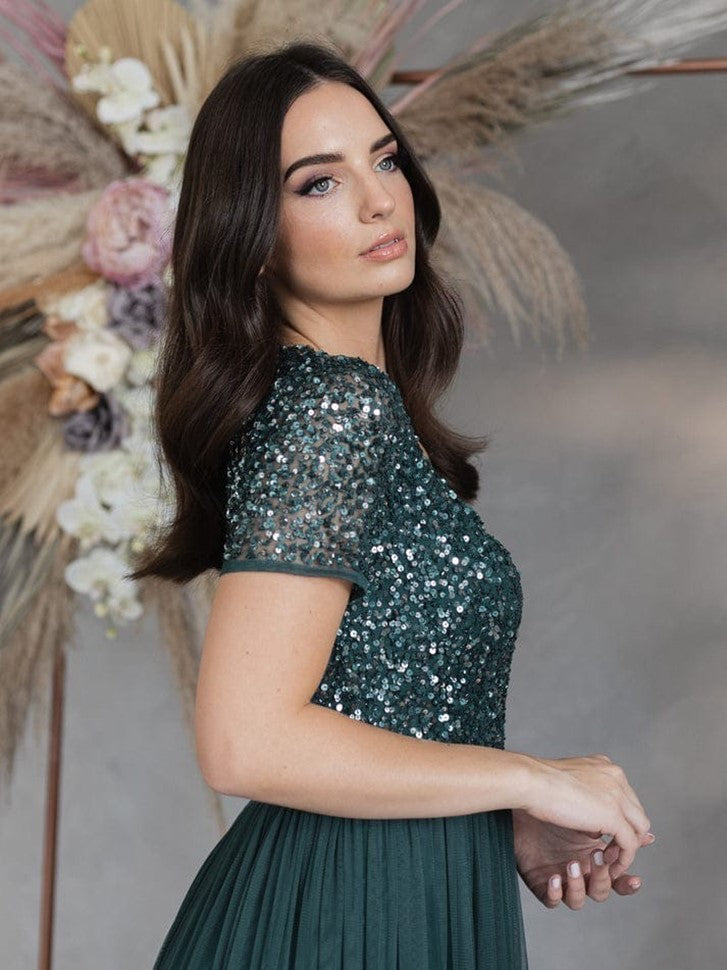 Elegant Dark Green Sequin Bodice Maxi Dress for Women | Party & Evening Gown