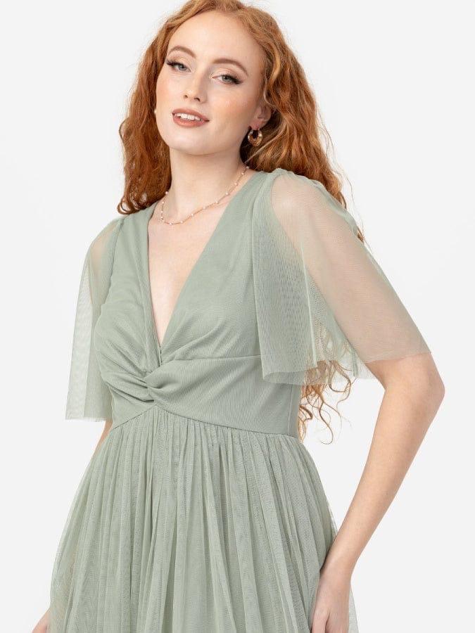 Elegant Sage Green Tulle Maxi Dress for Women – V-Neck Flowy Party & Evening Gown