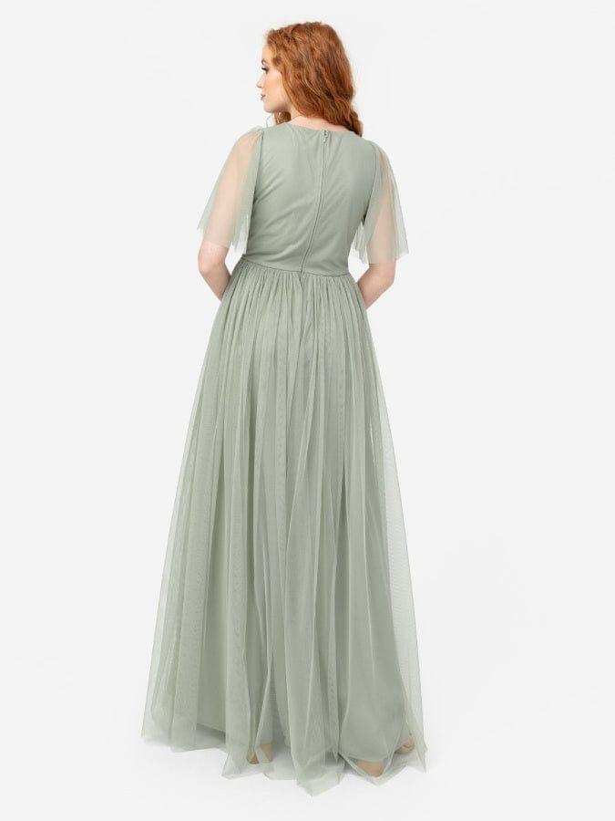 Elegant Sage Green Tulle Maxi Dress for Women – V-Neck Flowy Party & Evening Gown