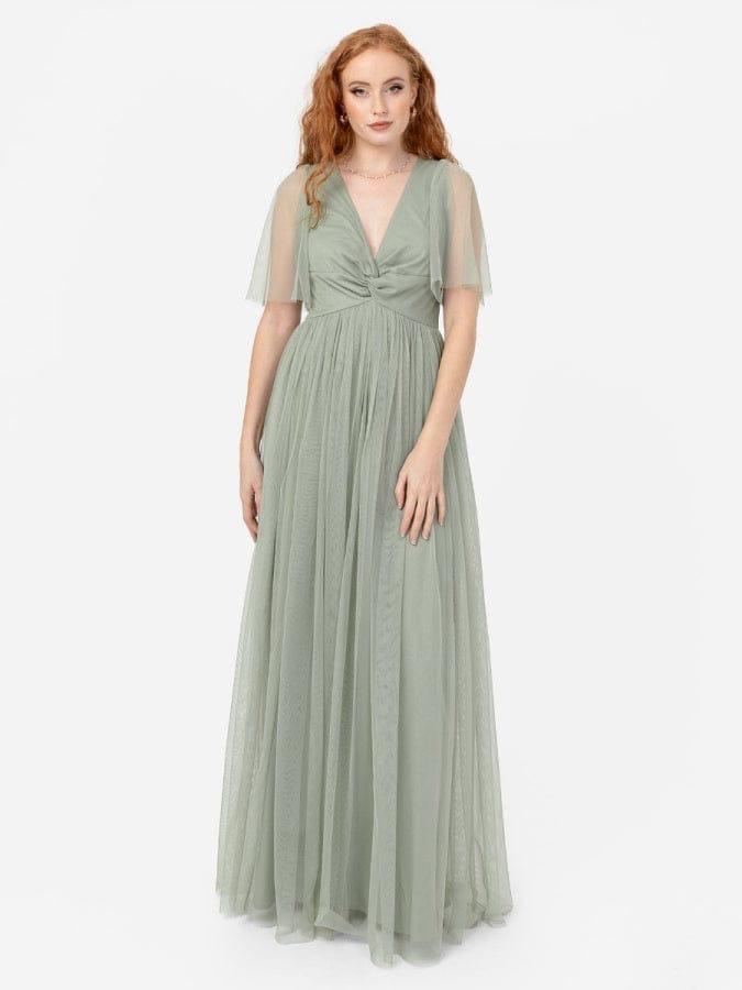 Elegant Sage Green Tulle Maxi Dress for Women – V-Neck Flowy Party & Evening Gown