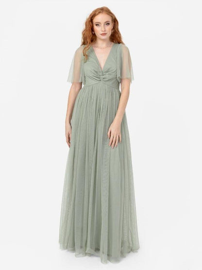 Elegant Sage Green Tulle Maxi Dress for Women – V-Neck Flowy Party & Evening Gown