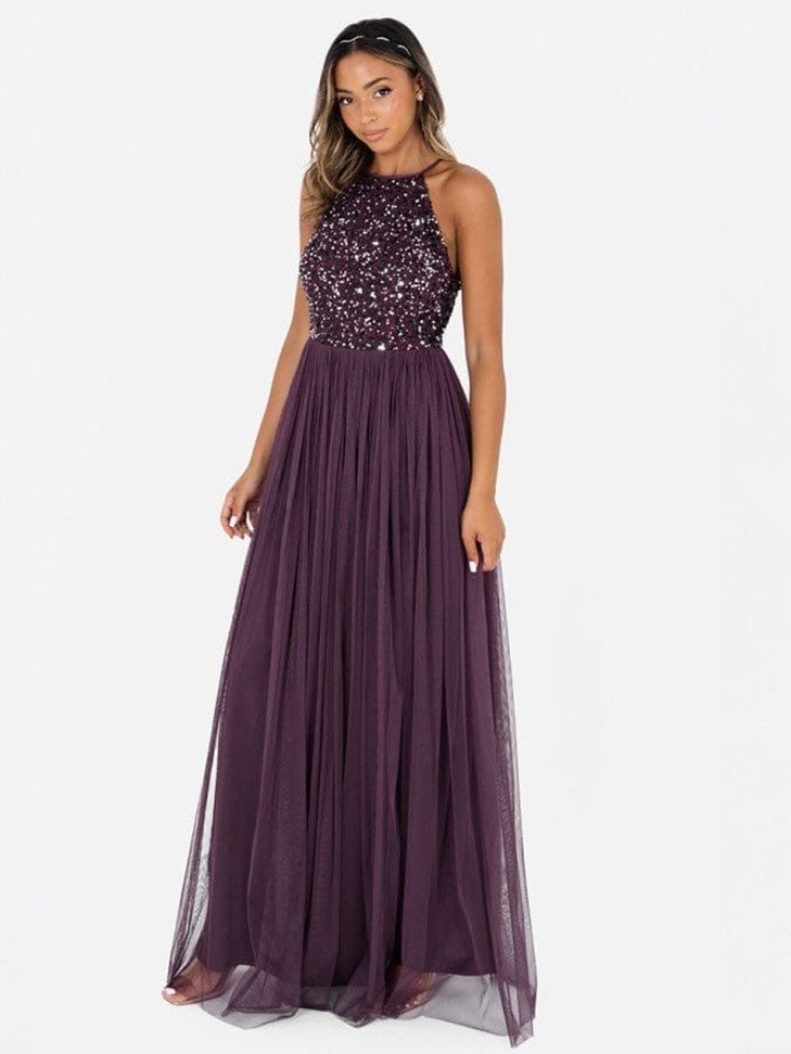 Elegant Wine Sequin Halter Neck Maxi Dress for Women – Party & Evening Wear