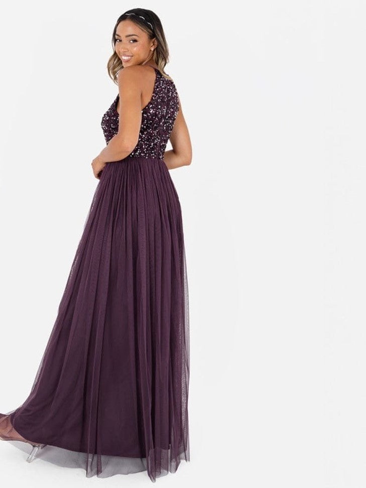 Elegant Wine Sequin Halter Neck Maxi Dress for Women – Party & Evening Wear