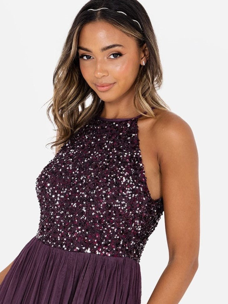 Elegant Wine Sequin Halter Neck Maxi Dress for Women – Party & Evening Wear